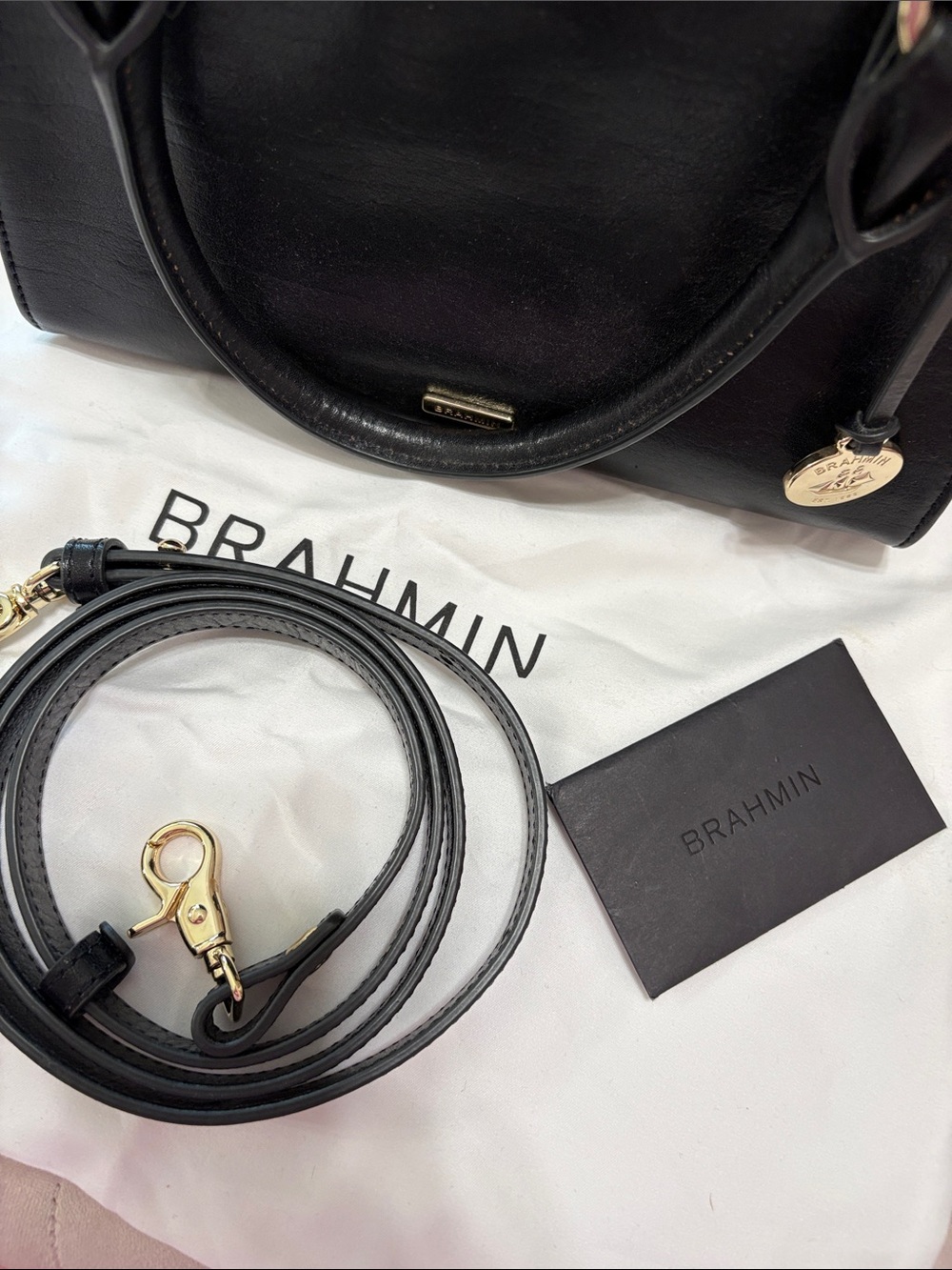 Brahmin Black Leather Satchel with Gold Hardware and Detachable Strap - Picture 2 of 12